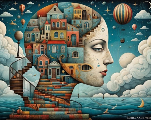 Surreal Profile with Whimsical Landscape Elements