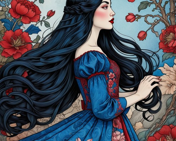 Young woman in blue gown among blooming flowers