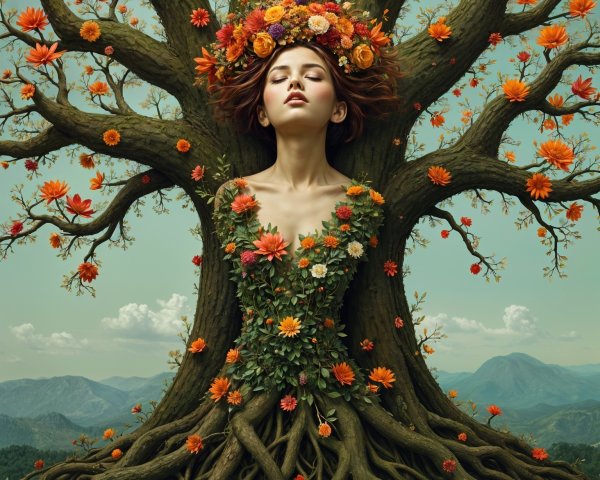 Mystical Figure Emerging from an Ancient Tree