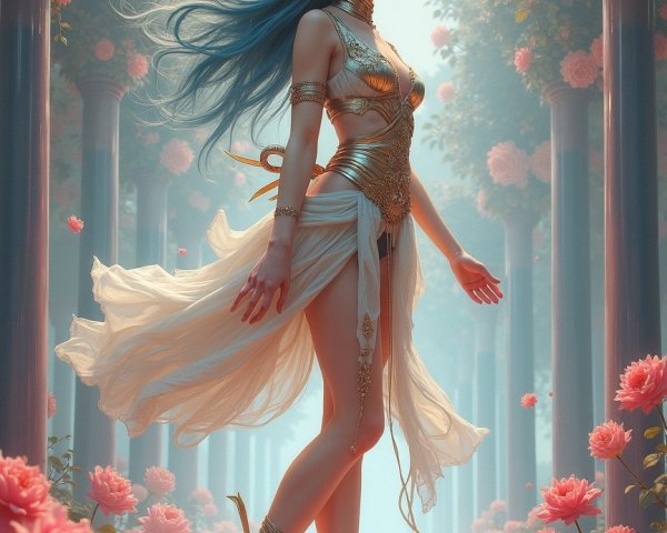 Surreal Garden with Ethereal Figure and Roses