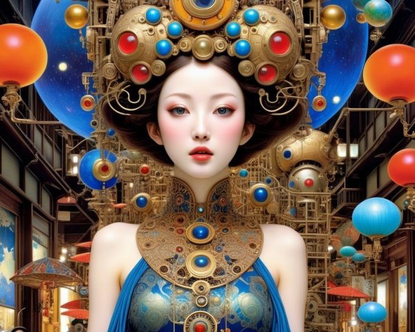 Futuristic figure in blue attire with steampunk elements