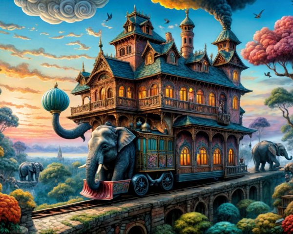 Colorful Victorian Treehouse on Train with Elephants