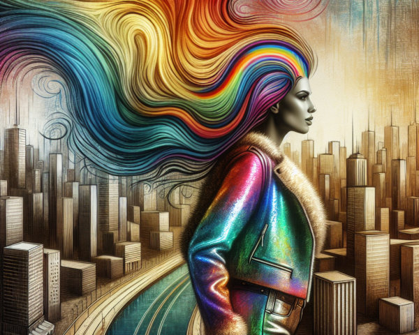 Confident Figure in Iridescent Jacket Against Cityscape