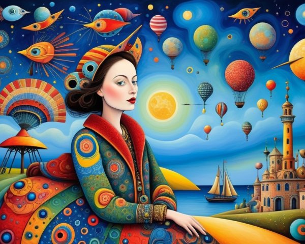 Surreal Landscape with Woman in Colorful Coat