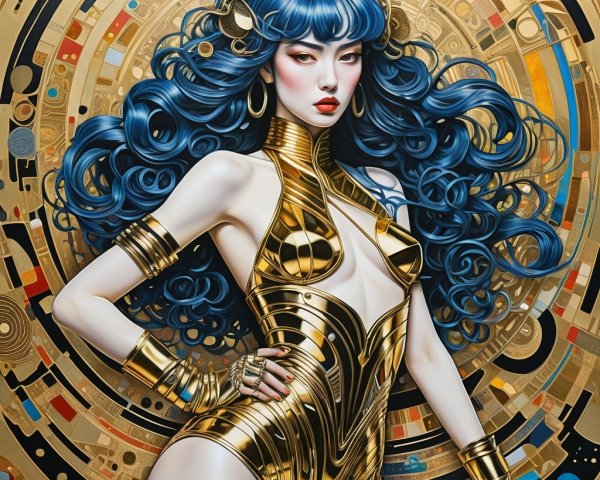 Futuristic figure in gold bodysuit with vibrant backdrop