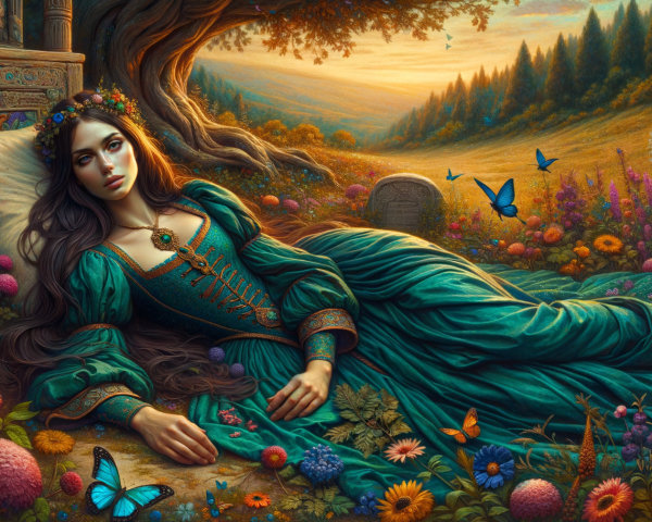 Serene Figure in Vibrant Garden at Sunset