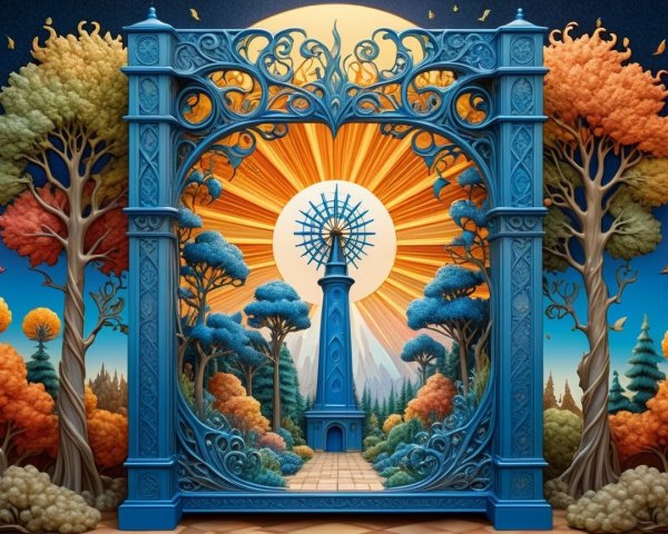 Surreal Landscape with Blue Archway and Spire