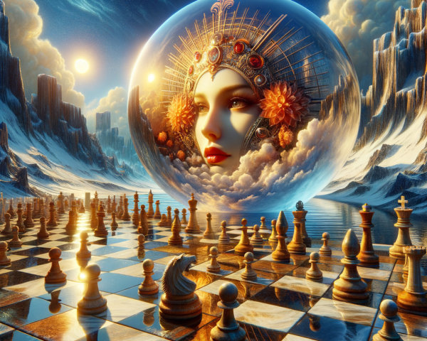 Surreal Landscape with Ethereal Woman and Chessboard