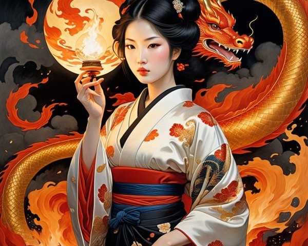 Young Woman in Kimono with Lantern and Dragon Scene
