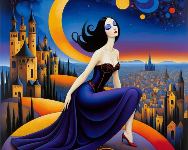 Mysterious Woman in Purple Gown Against Twilight City