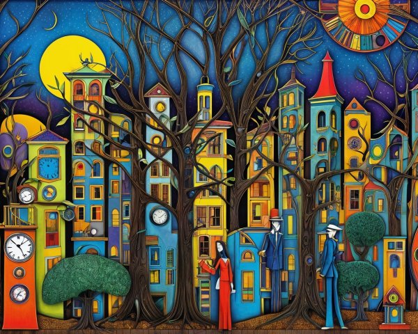 Vibrant City Scene with Colorful Architecture and Moon