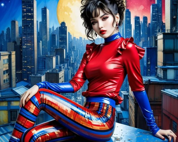 Stylish Figure Against Vibrant City Skyline at Night