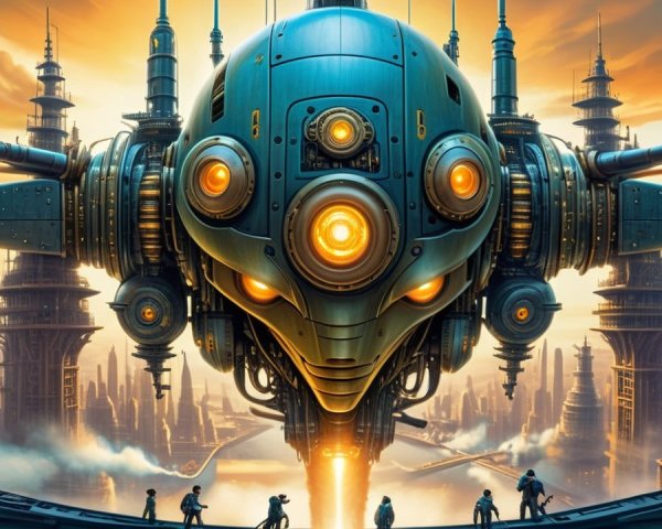 Futuristic cityscape with mechanical face and spires
