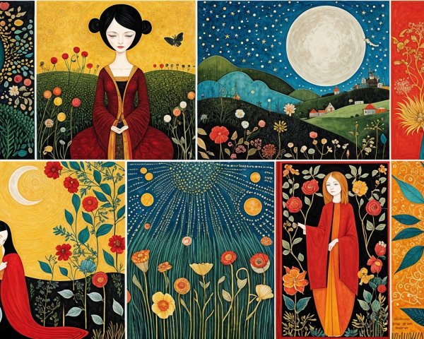 Colorful Collage of Women in Floral and Celestial Scenes