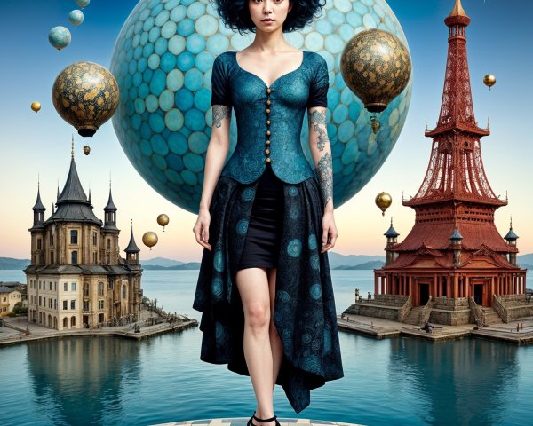 Woman in Blue and Black Dress Amid Surreal Landscape