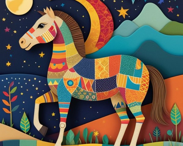Vibrant Patchwork Horse Against Starry Night Sky