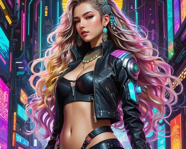 Stylish Woman in Neon-Lit Urban Alley Scene