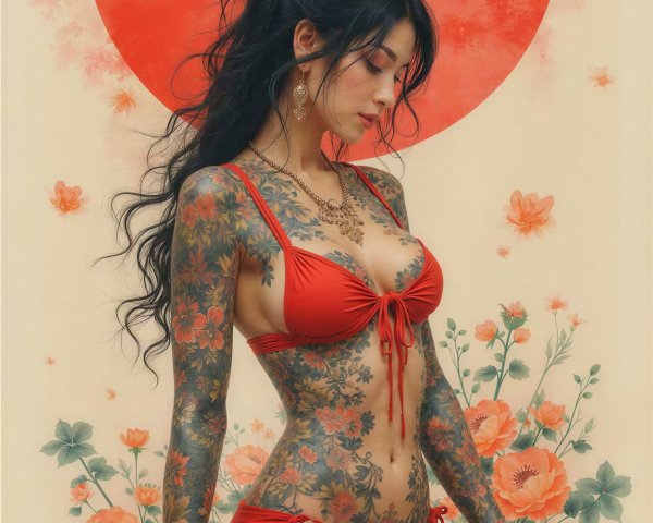 Tattooed Woman in Red Bikini with Floral Tattoos