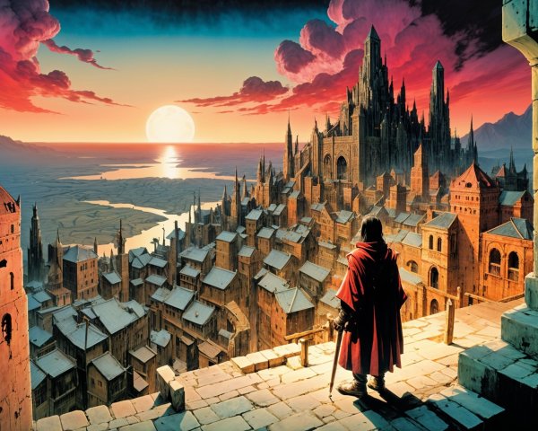 Figure in red cloak overlooking medieval city at sunset