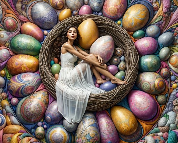 Whimsical Scene of a Woman in a Nest with Colorful Eggs