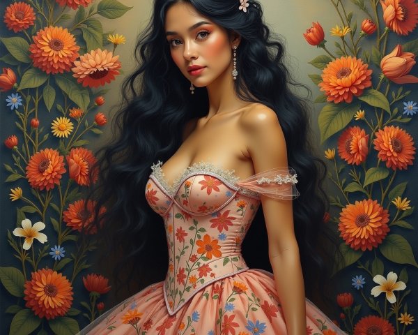 Young woman in floral dress with vibrant colors