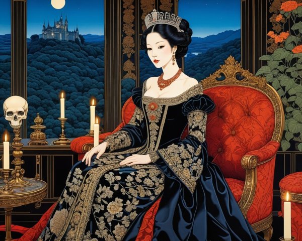 Regal Woman in Black Gown on Lavish Chair