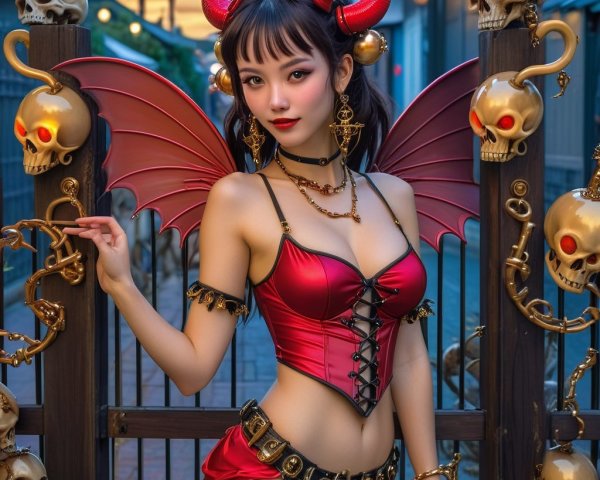 Fantasy Figure in Red Outfit with Horns and Wings