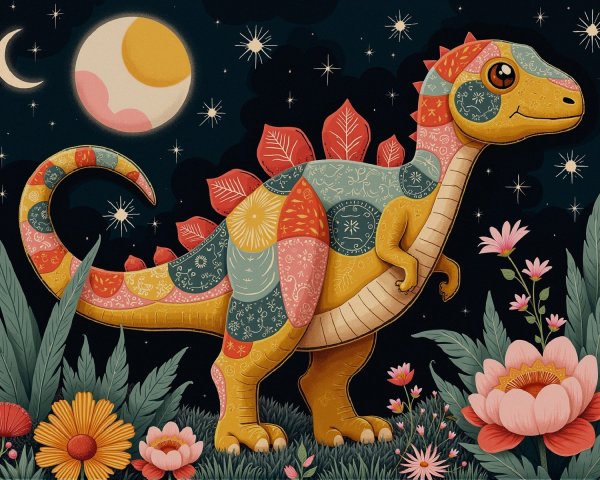 Whimsical Dinosaur Surrounded by Vibrant Flowers