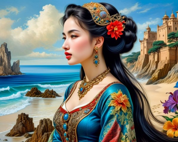 Regal Woman in Vibrant Gown at Coastal Landscape