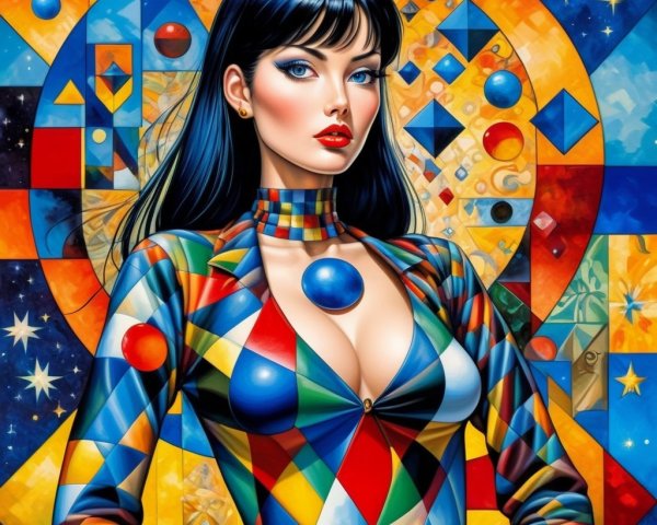 Stylized Portrait of a Woman in Colorful Patterns