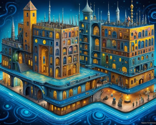 Vibrant Fantastical Cityscape with Multi-Tiered Buildings