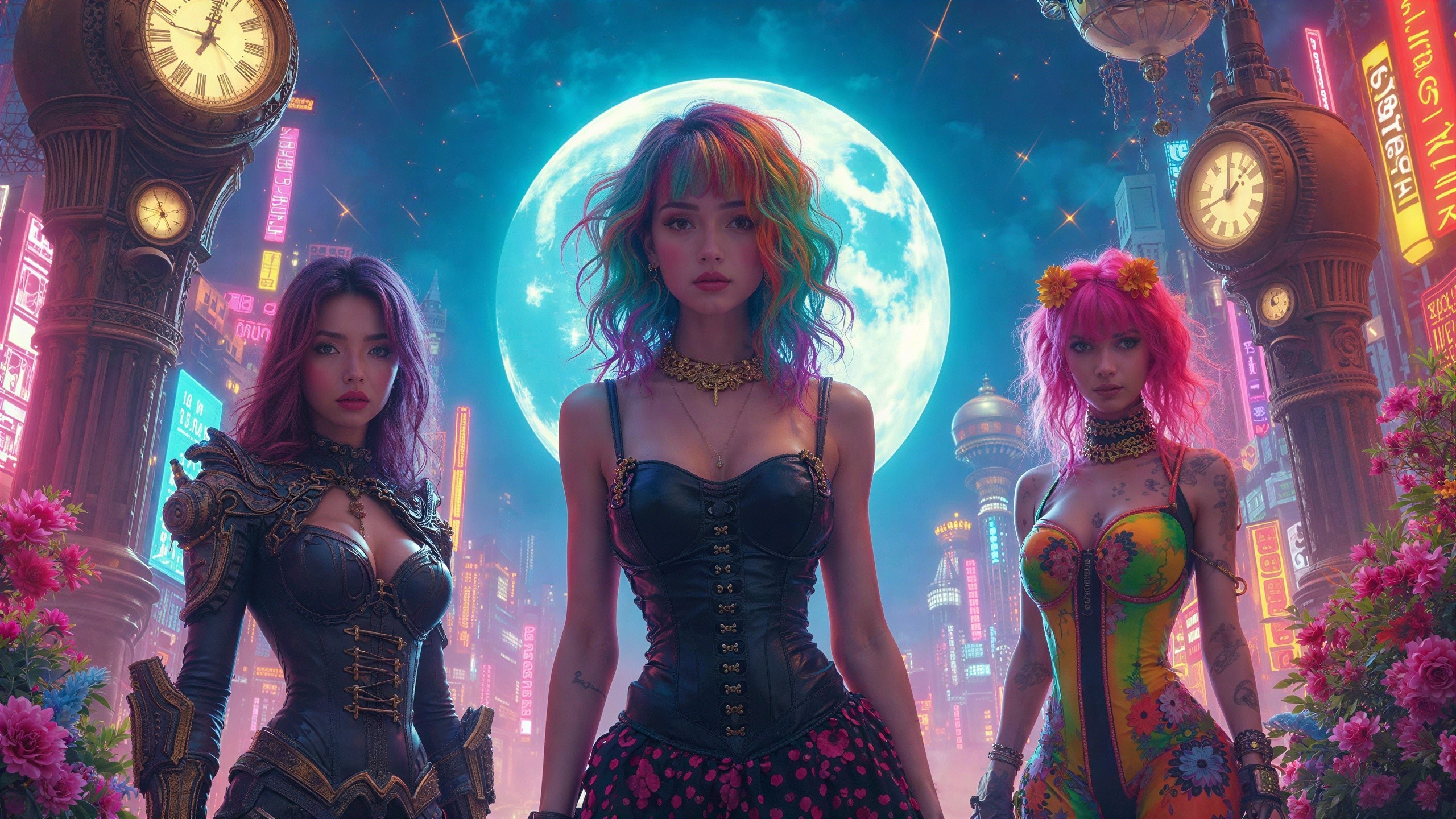 Three women in steampunk outfits under a glowing moon