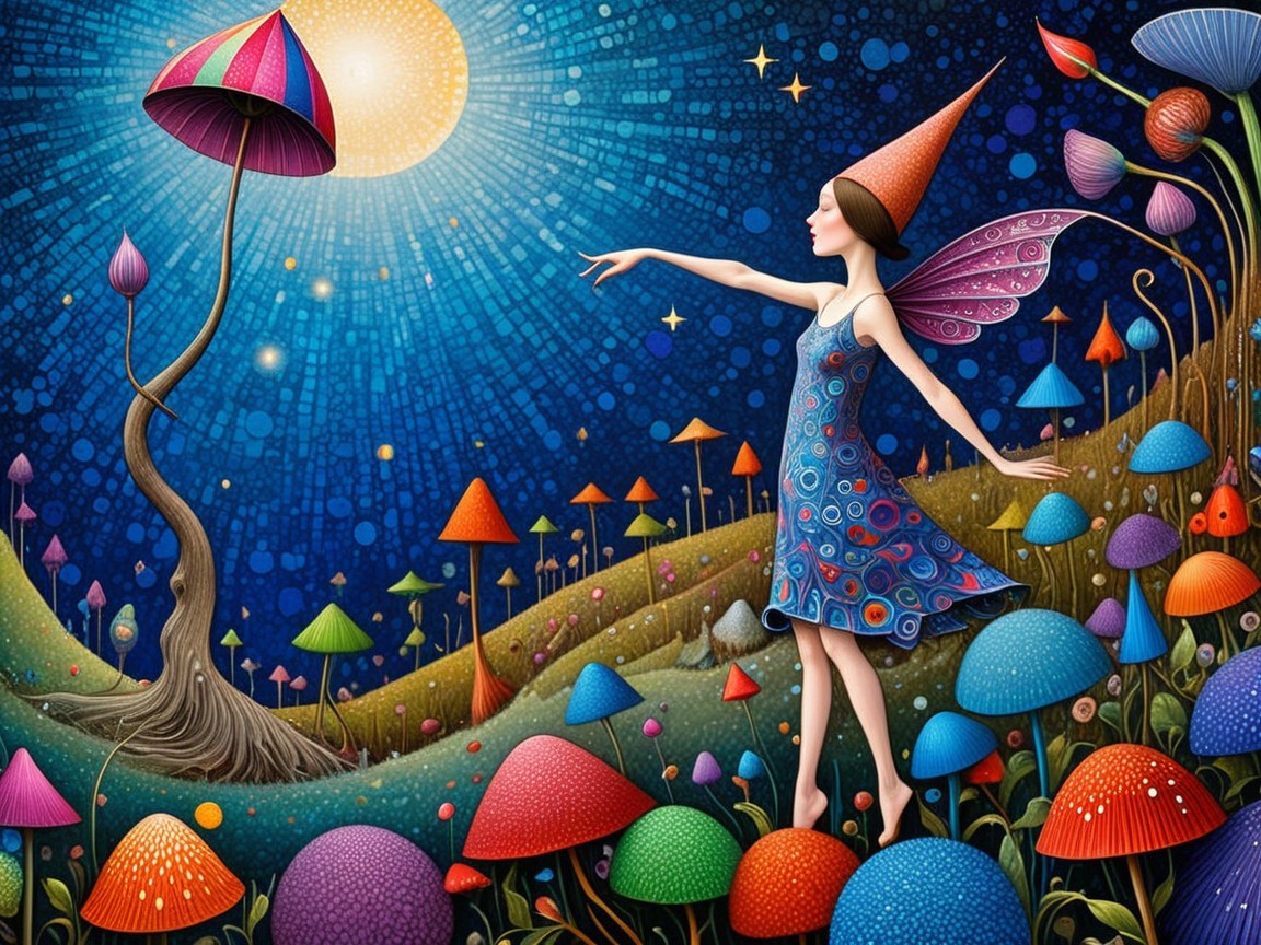 Whimsical Fairy Scene with Colorful Mushrooms and Stars