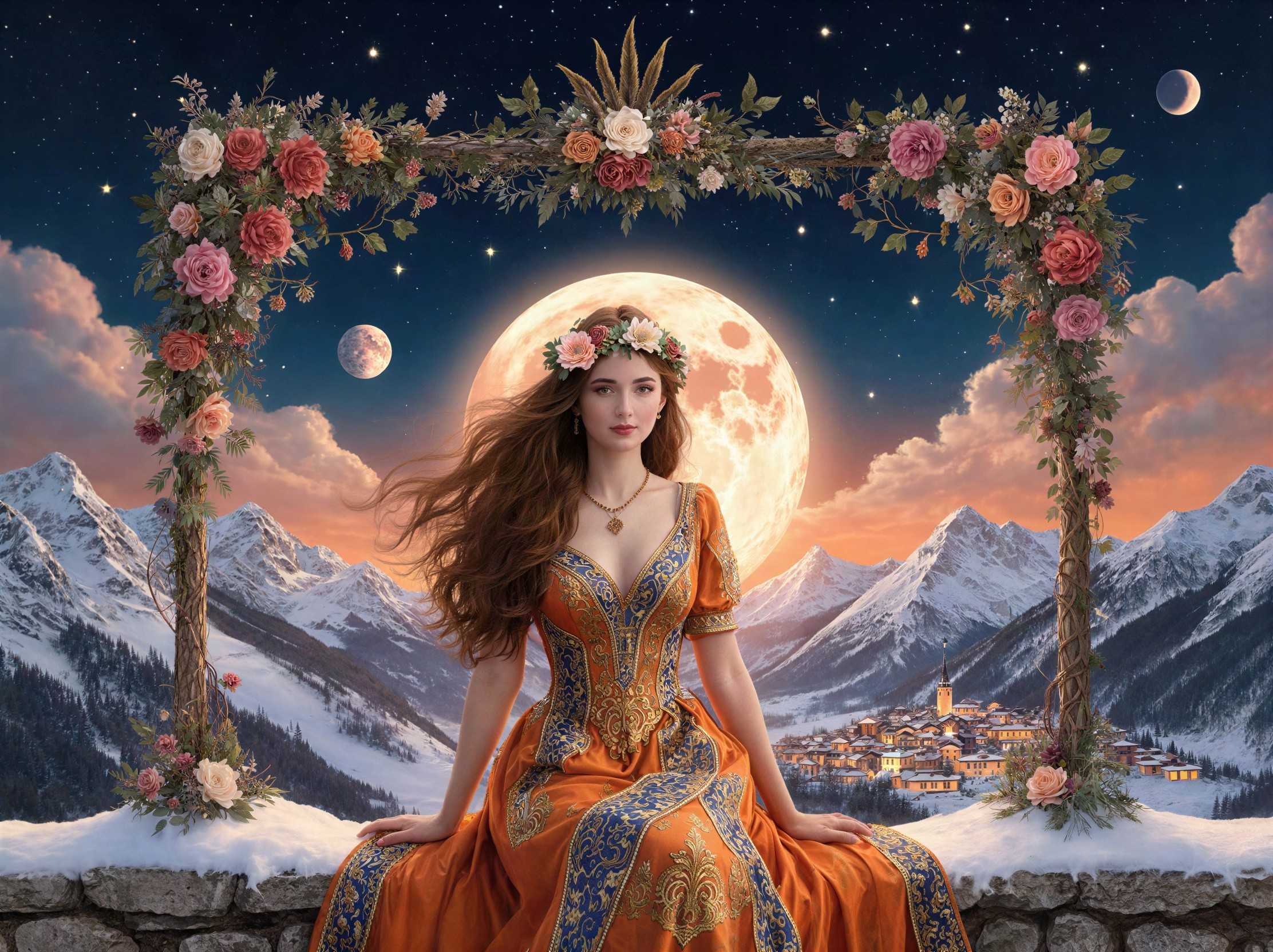 Young Woman in Elegant Dress with Floral Crown and Moon