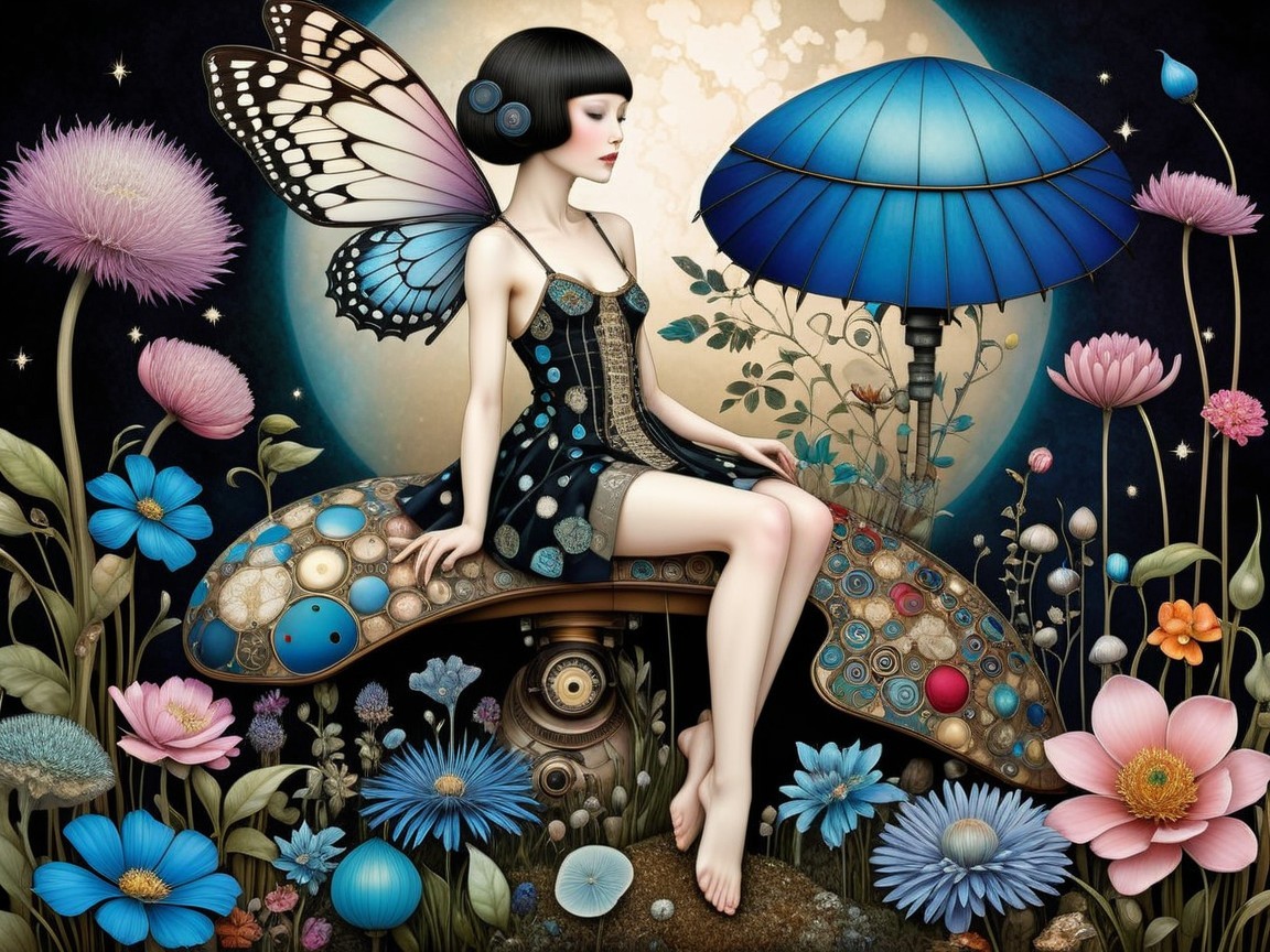 Whimsical Scene of Woman with Butterfly Wings on Mushroom