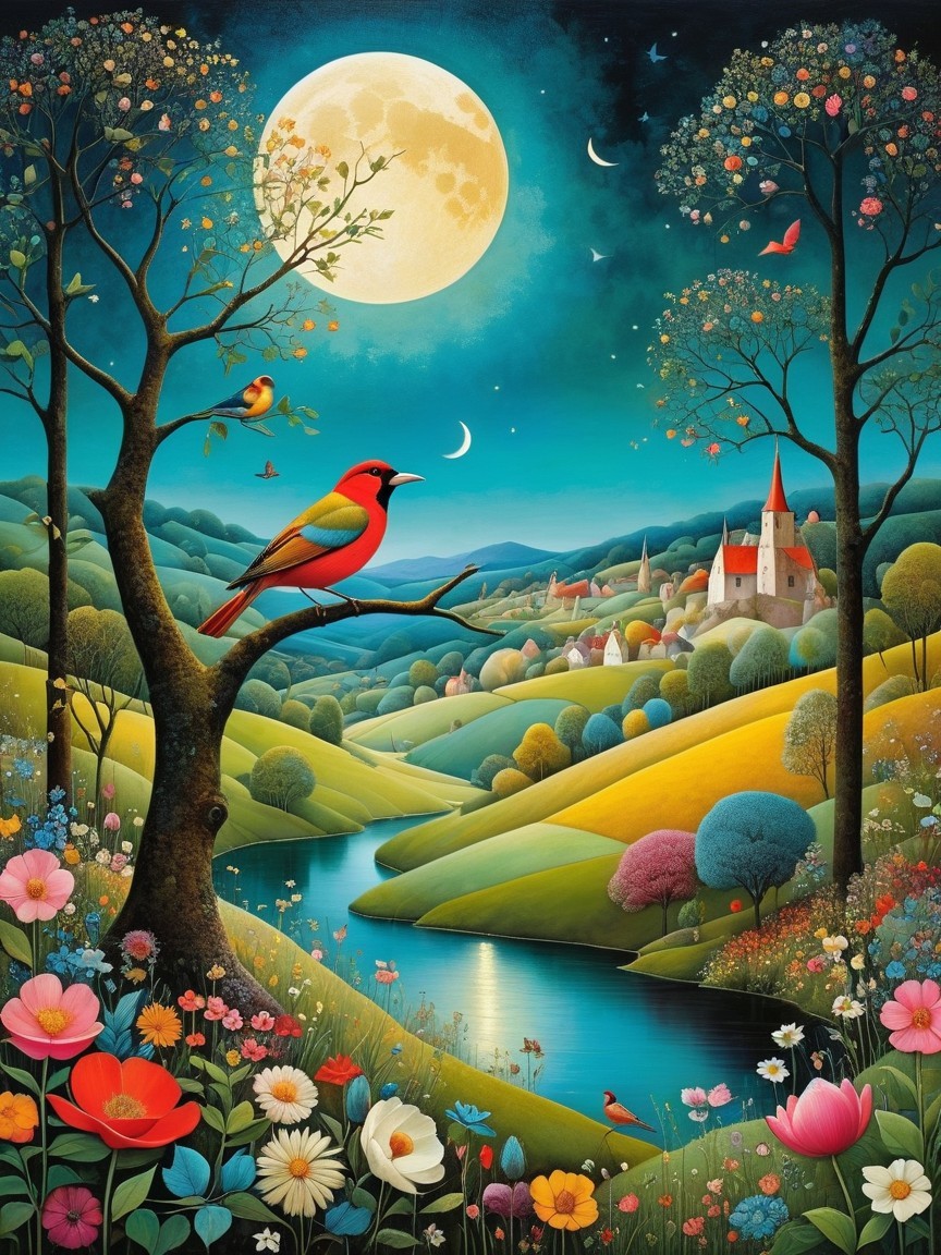 Vibrant Landscape with Hills, Moon, and Colorful Bird