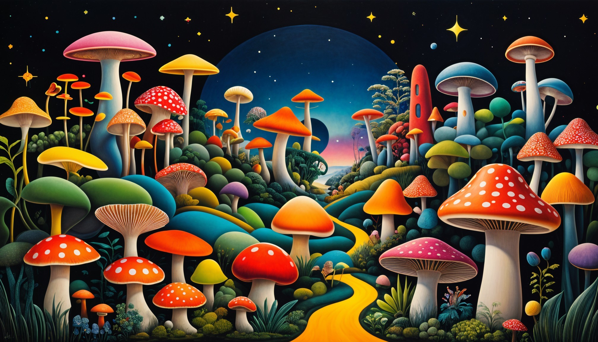 Vibrant Fantasy Landscape with Colorful Mushrooms