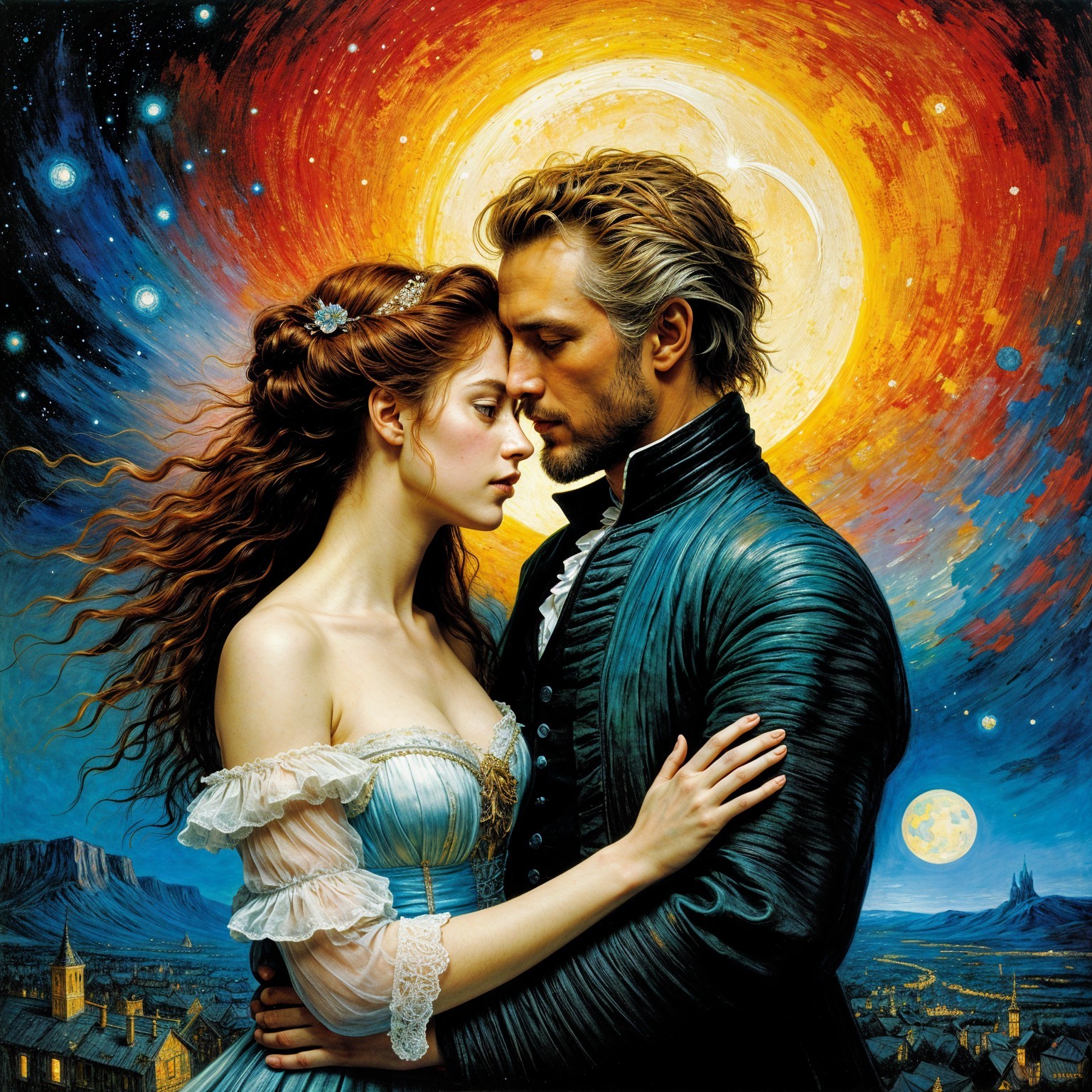 Couple Embraced Against a Cosmic Background
