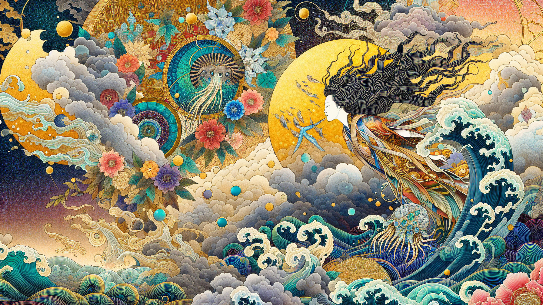 Vibrant Scene of Nature and Mythology with Floral Elements