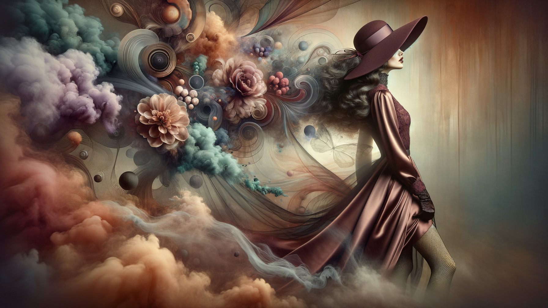 Fashionable Figure in Flowing Gown with Dreamy Background