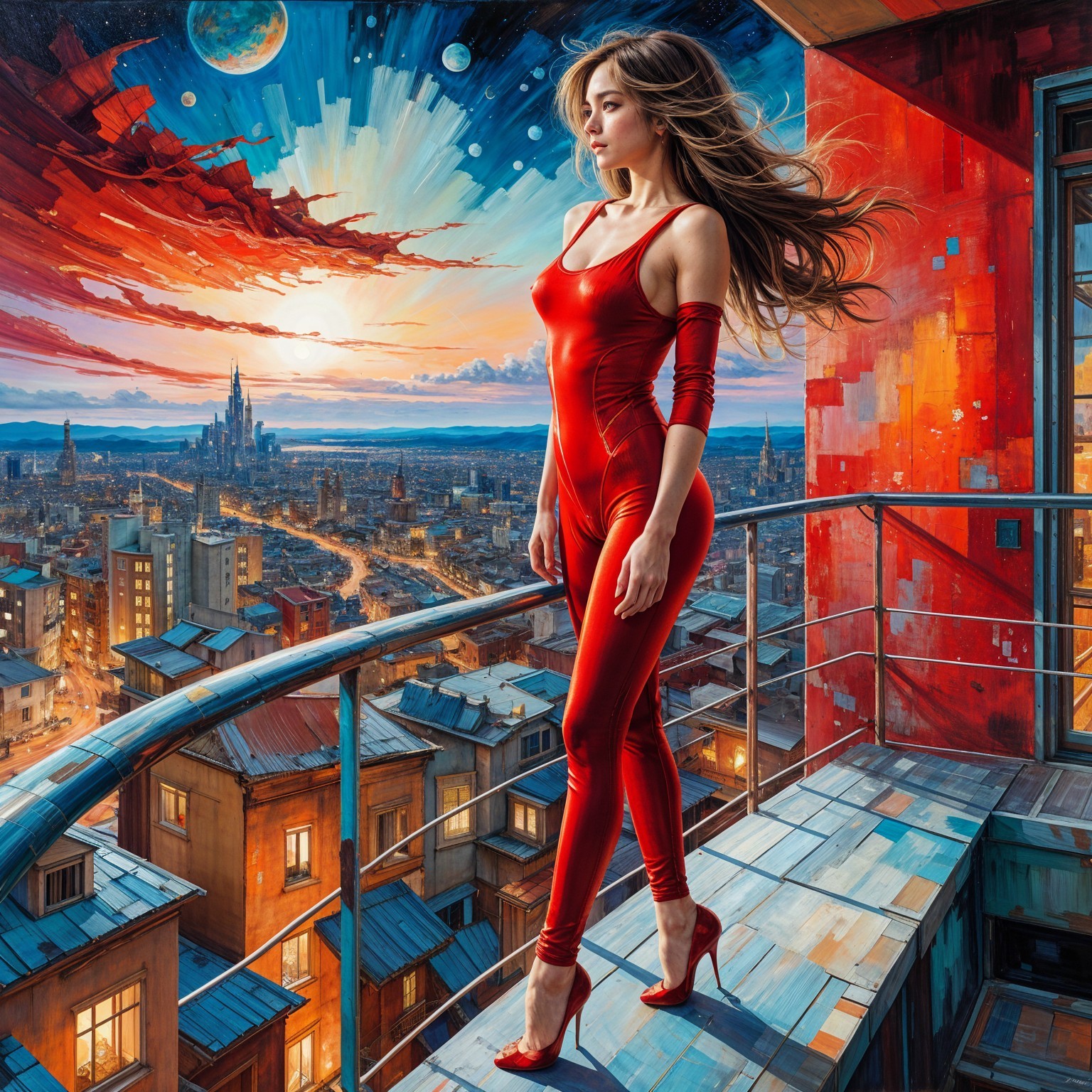 Woman in Red Jumpsuit Overlooking Vibrant Cityscape
