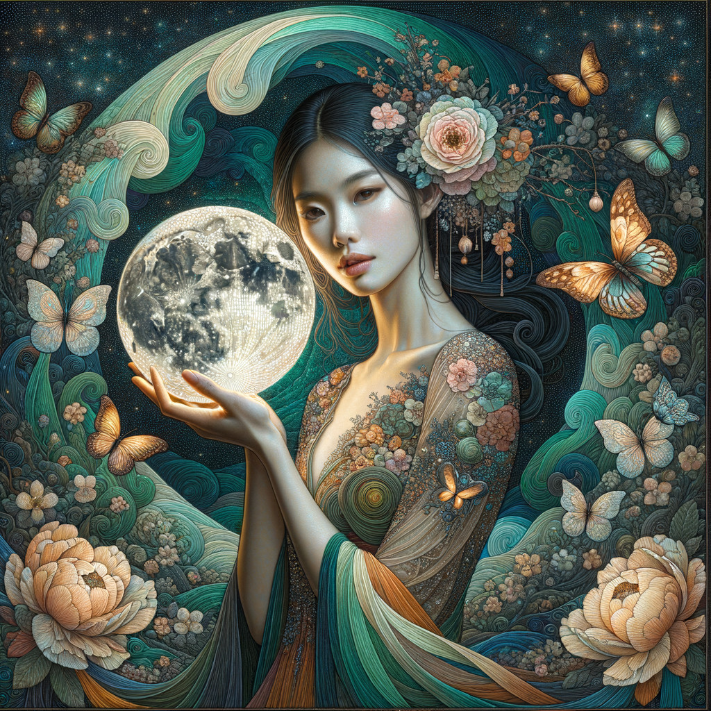 Serene woman with glowing moon in floral patterns