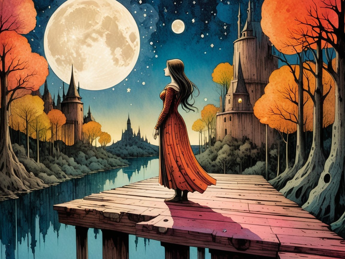 Serene Moonlit Scene with Woman by Tranquil Lake