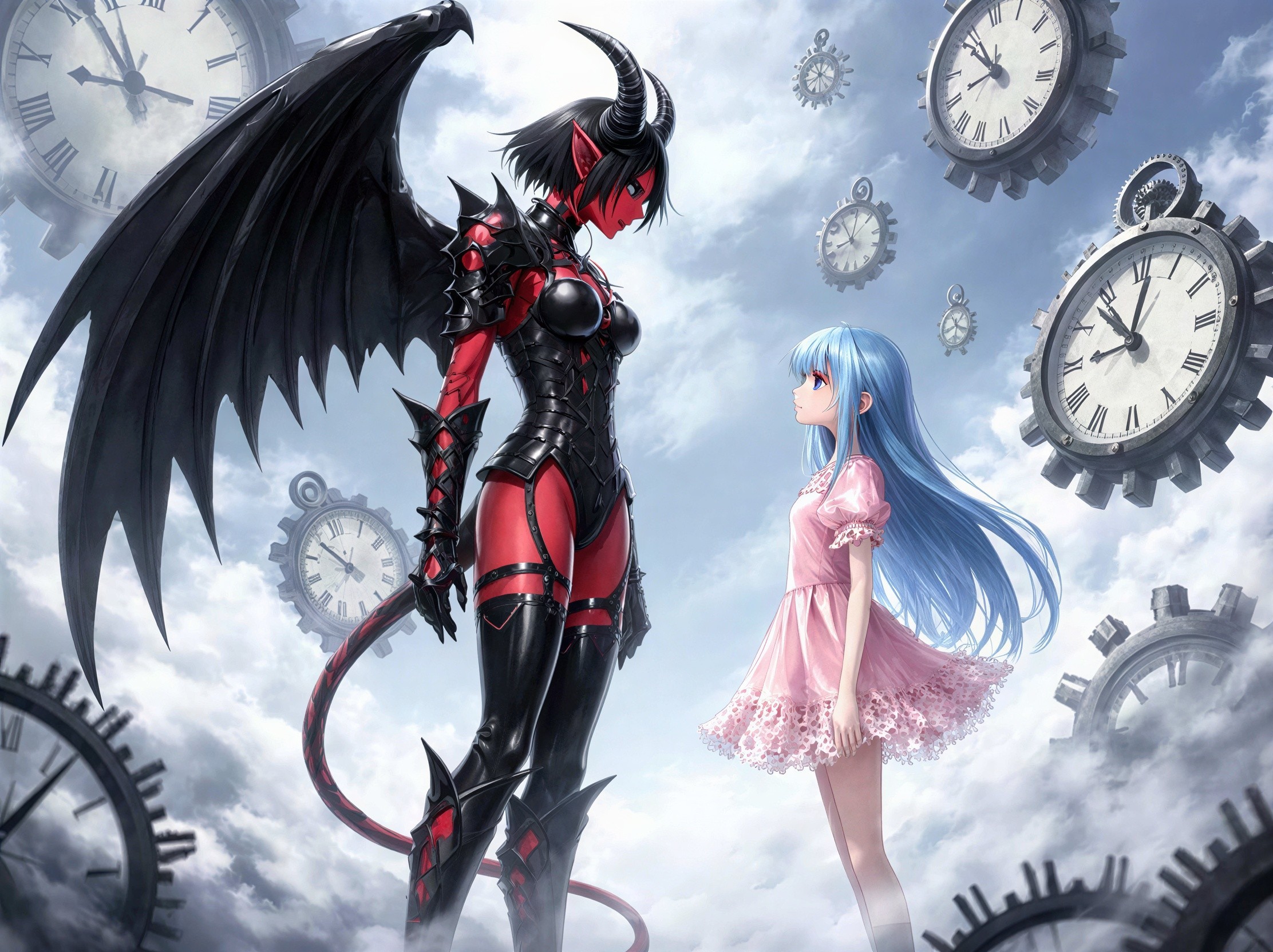 Demon Girl and Cute Girl in Steampunk Cloudy Sky