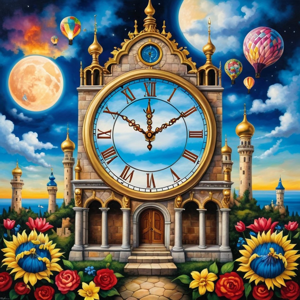Fantastical Clock Tower with Moons and Balloons Scene