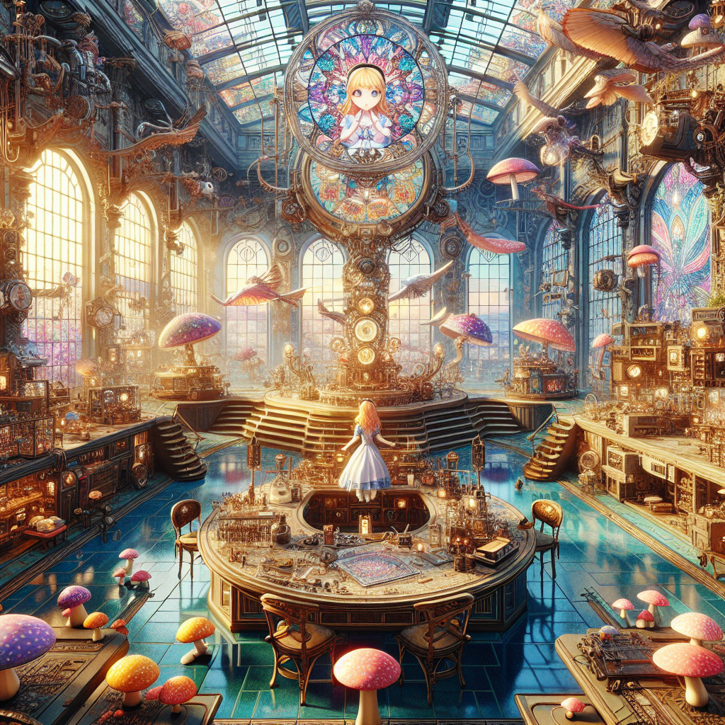 Steampunk Workshop with Clock and Floating Mushrooms