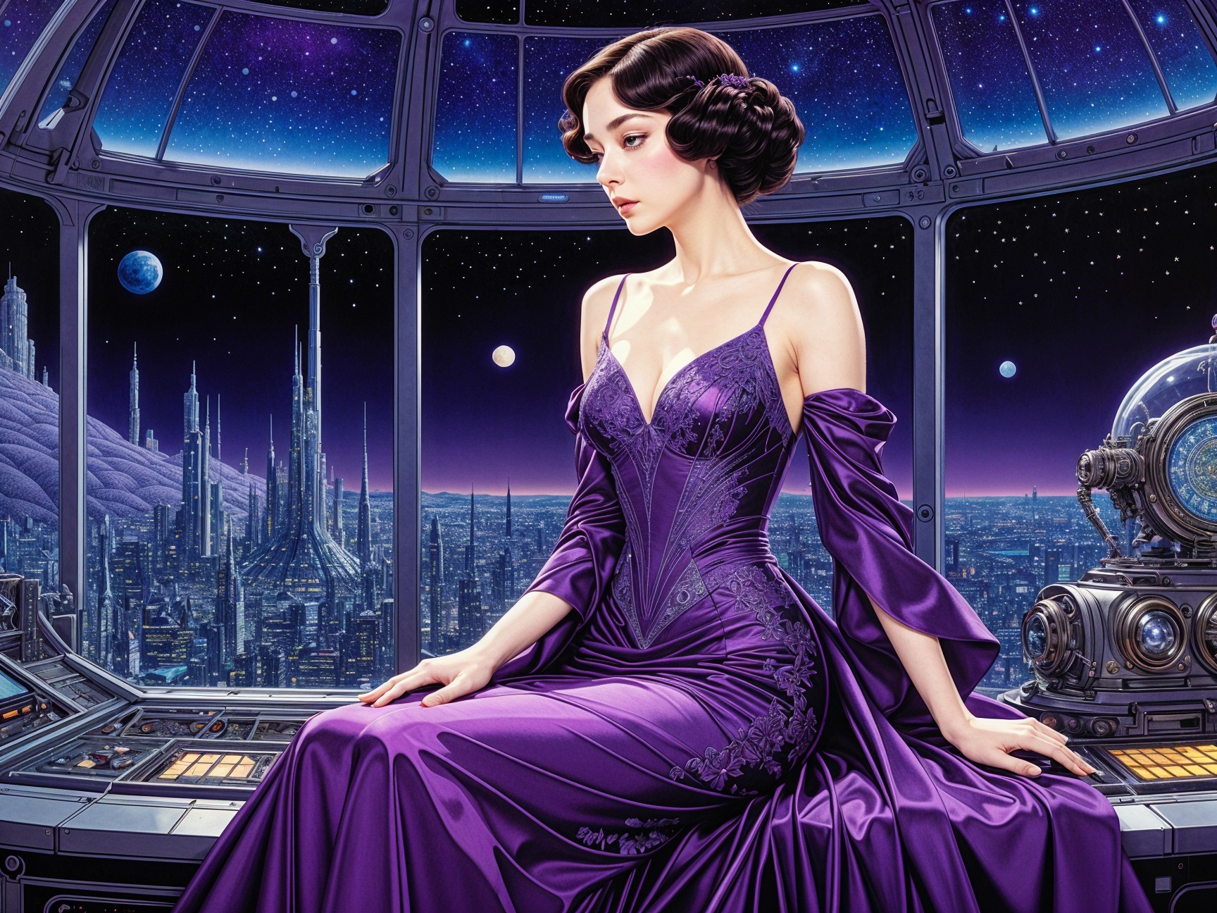 Elegant Woman in Purple Gown in Futuristic Landscape