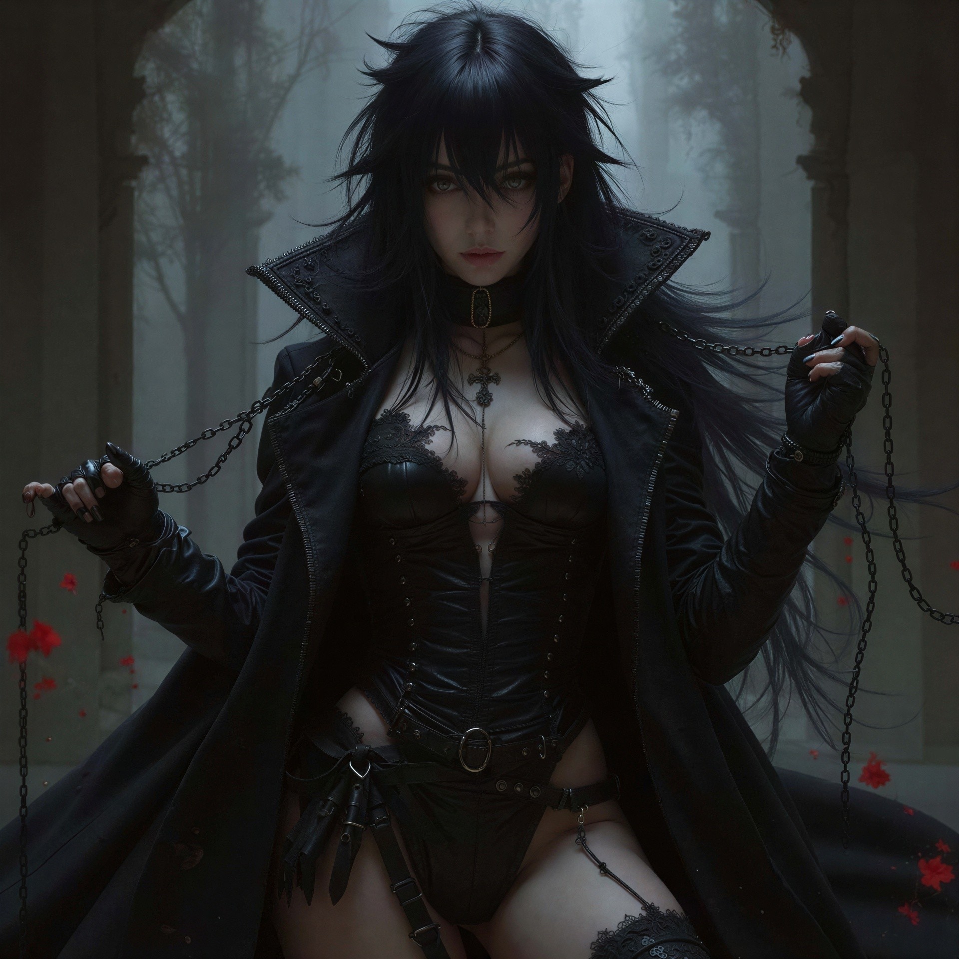 Gothic Woman in Leather Attire with Chains and Choker