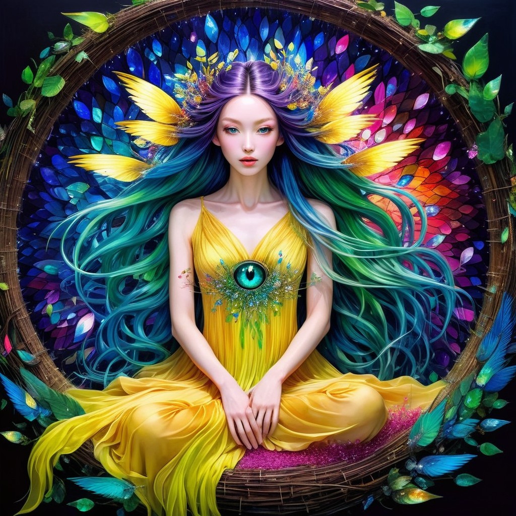 Mystical Figure in Leafy Frame with Colorful Attire