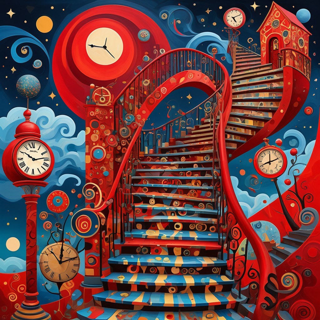 Surreal Scene with Spiraling Staircase and Clocks